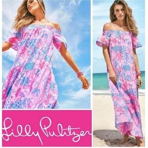 Lilly Pulitzer Dezi Dress Off Shoulder Maxi Pink Isle Snappy Turtle NWT Sz Small